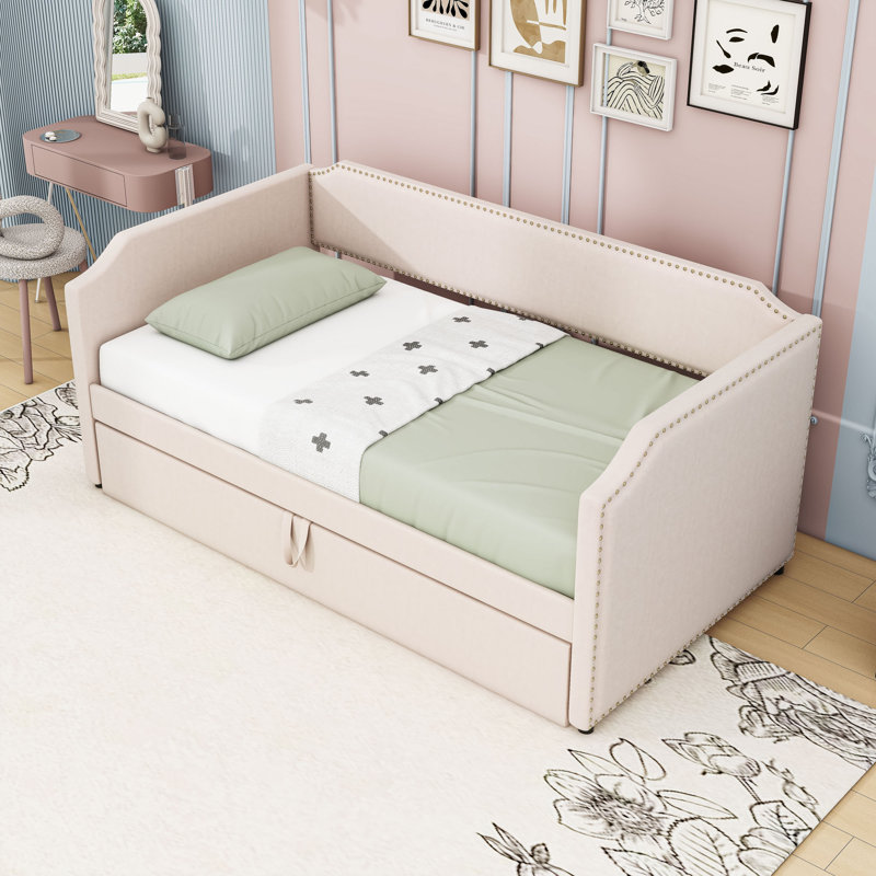 Twin Upholstered Daybed with Twin Trundle and Slats, Beige