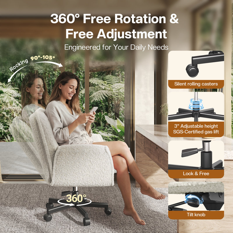 Big and Wide Criss Cross Office Chair, 5-Level Adjustable Arms & Wheels, Height Adjustable Wide Comfy Vanity Makeup Chair, Swivel Shakeable Base for Relax Leisure, Suitable for Home Bedroom Office