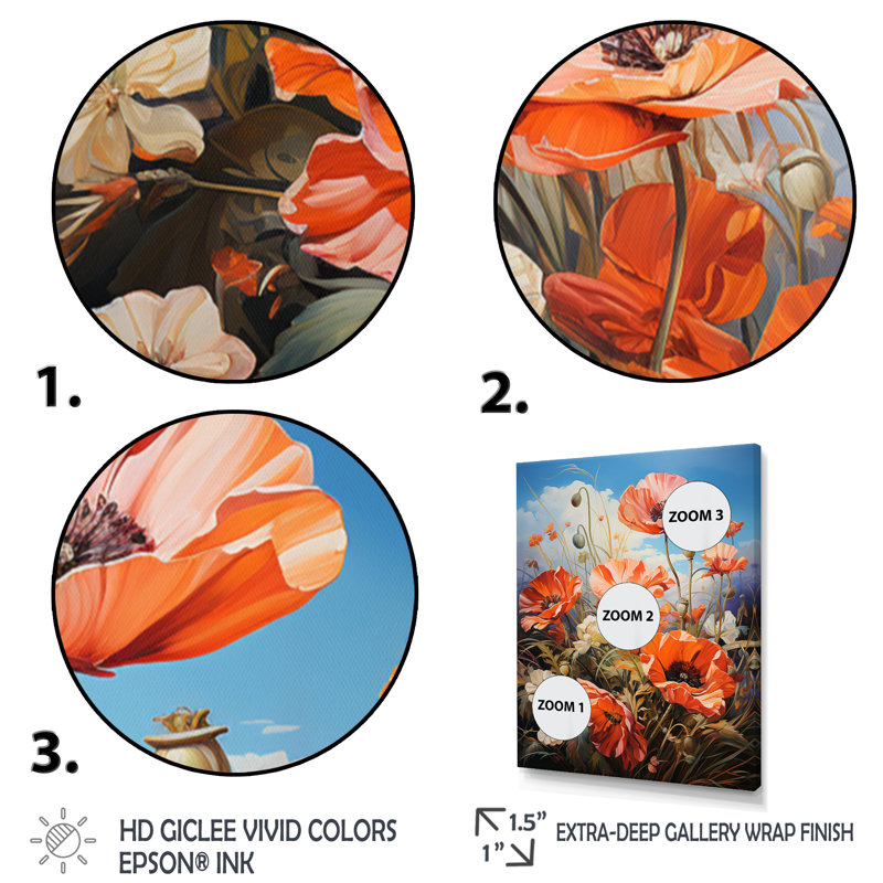 Meadow Poppy Field - Art mural sur toile floral et botanique, H 40 po x l 30 po x P 1,5 po, Cadre flottant noir