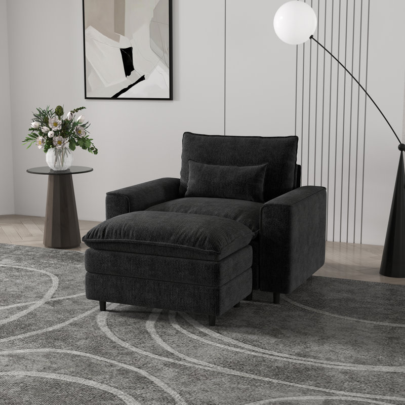 Fauteuil à assise profonde en tissu chenille avec assise profonde et structure en bois massif Chenille, Noir