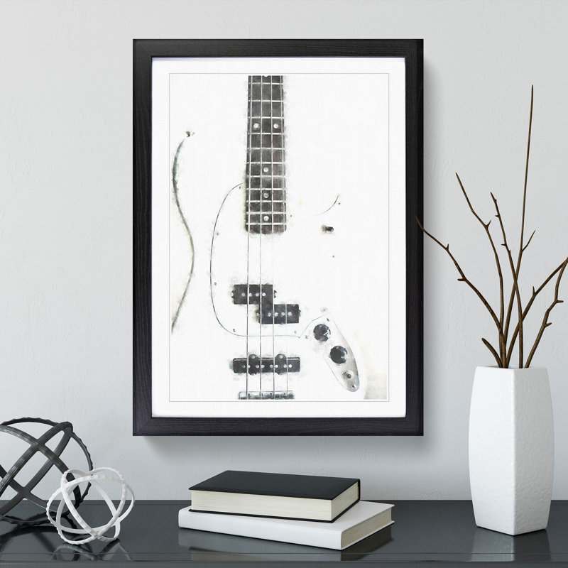 White Bass Guitar - Picture Frame Painting Print, 87cm H x 62cm W x 2cm D, Black Framed
