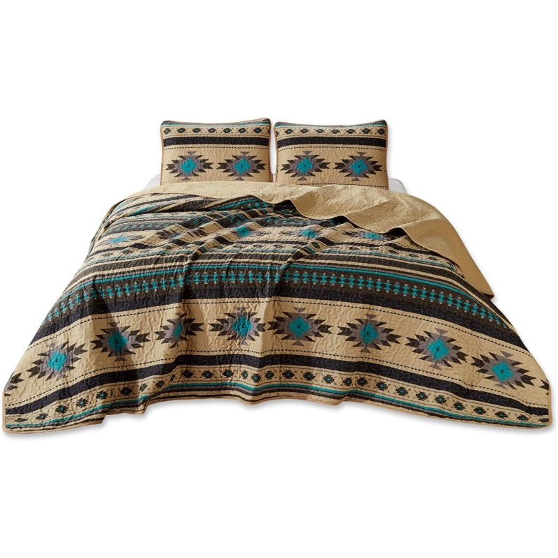 Lightweight Southwestern Geometric Tribal Aztec Quilt Set, Queen Quilt + 2 Standard Shams, Cream/Red/Teal/Orange