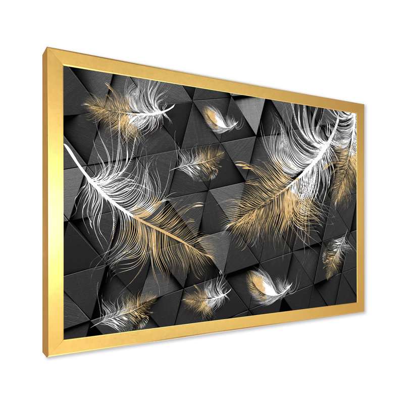 Plumes blanches et dorées sur fond triangulaire - Impression sur toile, H 24 po x l 32 po x 1,5 po, Toile encadrée d'or