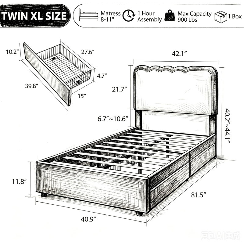 Structure de lit simple avec 2 tiroirs de rangement à DEL de taille simple TG, lit plateforme tapissier ondulé, aucun sommier tapissier, tissu en velours et panneau de fibres à densité moyenne, noir et blanc
