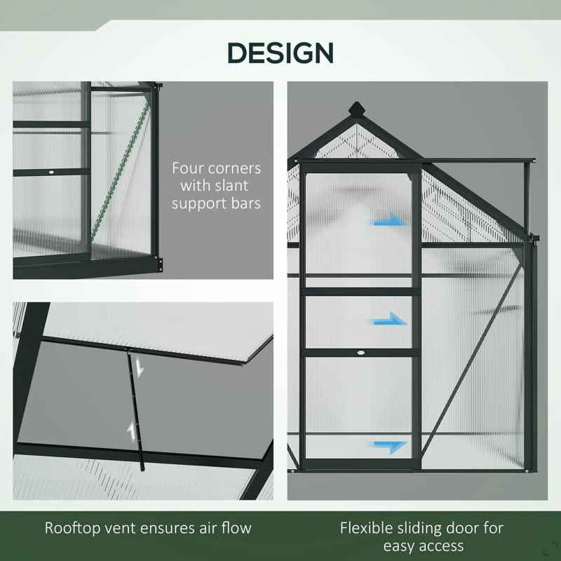 Outdoor Aluminum Walk-In Polycarbonate Greenhouse, 6.6' H x 8.3' W x 6.2' D, Gray
