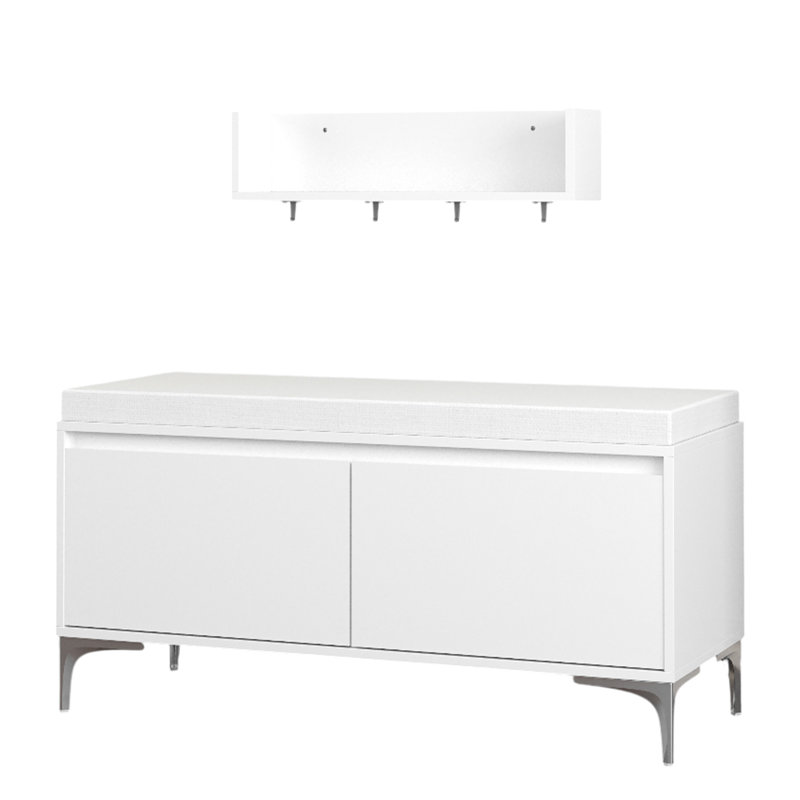 Tablette de rangement murale moderne blanc cassé avec crochets et banc de rangement confortable. Siège rembourré pour un changement de chaussures en douceur. Double porte pour garder le désordre à l'abri des regards. Installation facile