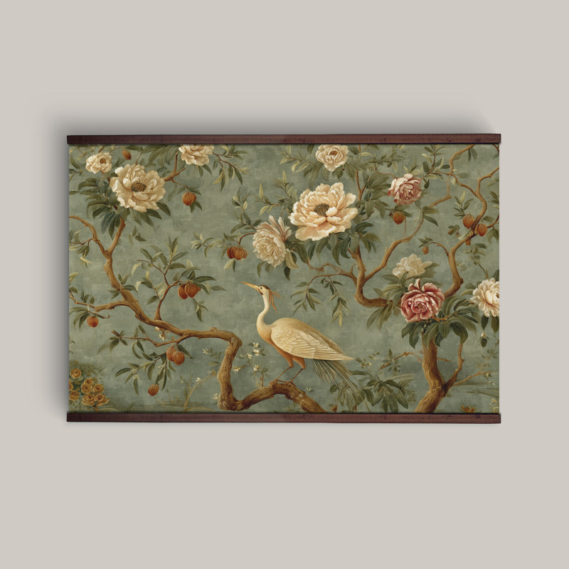 Vintage Chinoiserie Floral Tapestry Wall Art – Extra Large Ready-to-Hang Canvas with Wood Hanger Bars, 32" H x 48" W