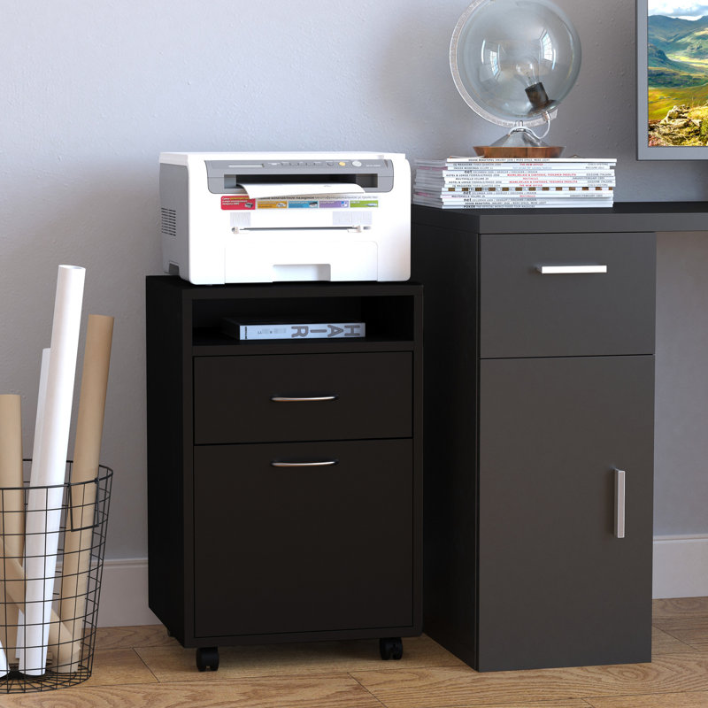 Armoire mobile noire pour rangement avec tiroir et armoire, support d'imprimante. Ample disponible, se déplace en douceur, s'adapte à la surface du bureau, à la commode noire. Articles de chambre, roulettes faciles, espace, construction