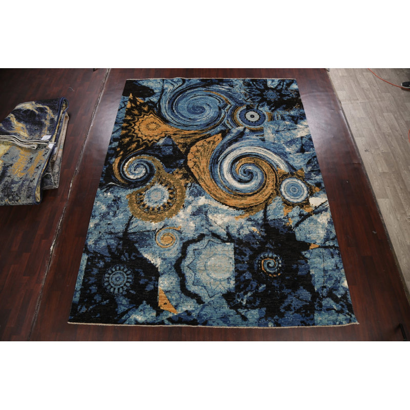 Tapis bleu noué à la main de conception unique 9 pi 1 po x 12 pi New Age