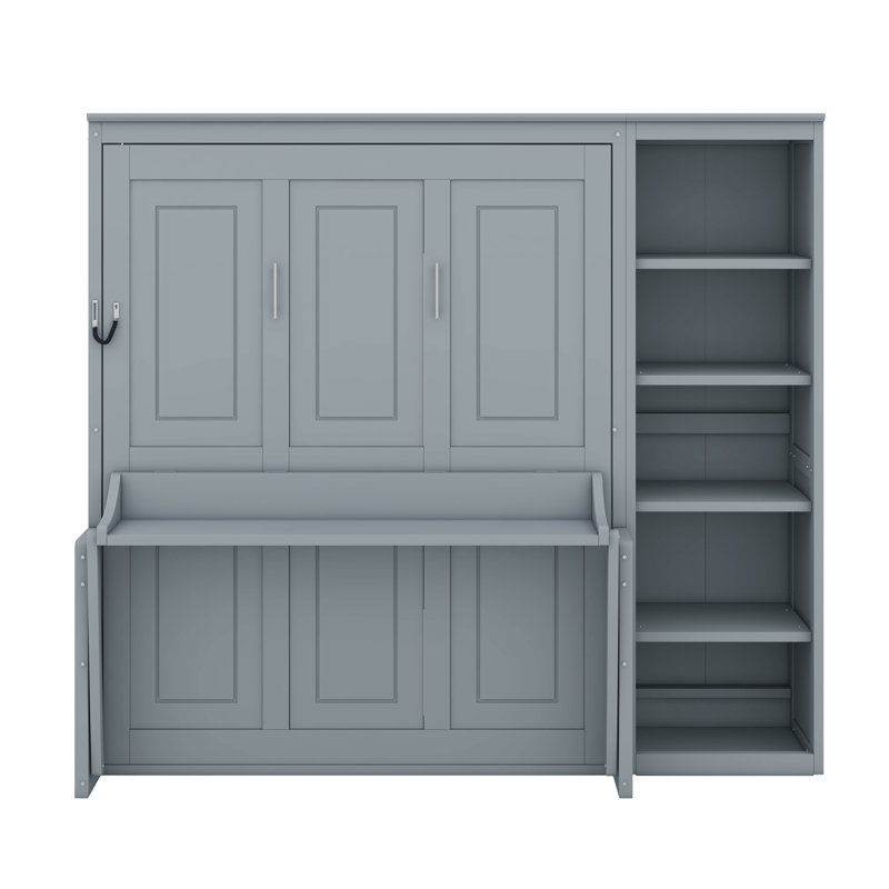 Lit escamotable double avec bureau et bibliothèque, gris, Double