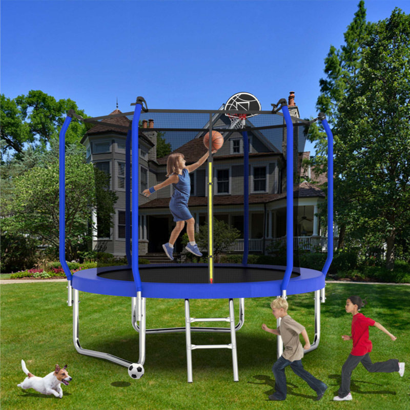 Trampoline 8FT avec panier de basketball, trampoline d'extérieur renforcé de type ASTM avec filet d'enclos