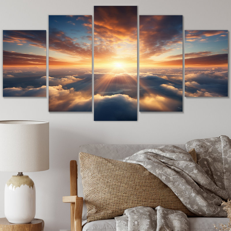 «Yellow Blue Sunrise Rays Of Hope I», impression d'art mural - 5 panneaux