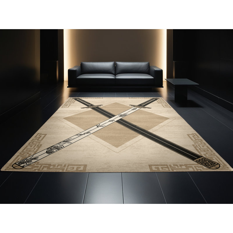 Soft Plush Dupree Dual Katanas Crossed Classic Oriental Area Rug in Beige – Beige Binding, 2x3