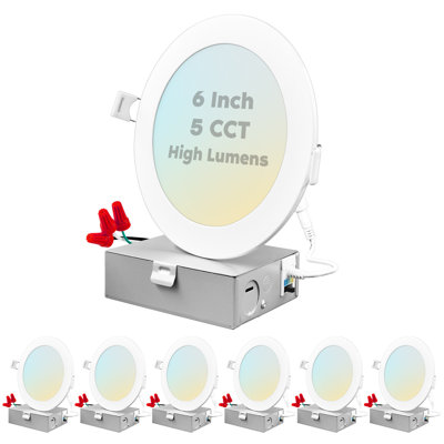 Luxrite 6" Ultra Thin LED Recessed Light With J-Box, 15W, 5 Colour Selectable 2700K-5000K, 1400 Lumens, Dimmable, Wet Rated 6 Pack