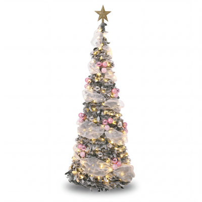 6 ft Pop Up Flocked Christmas Tree, Foldable PVC Tree with Ribbon Decor