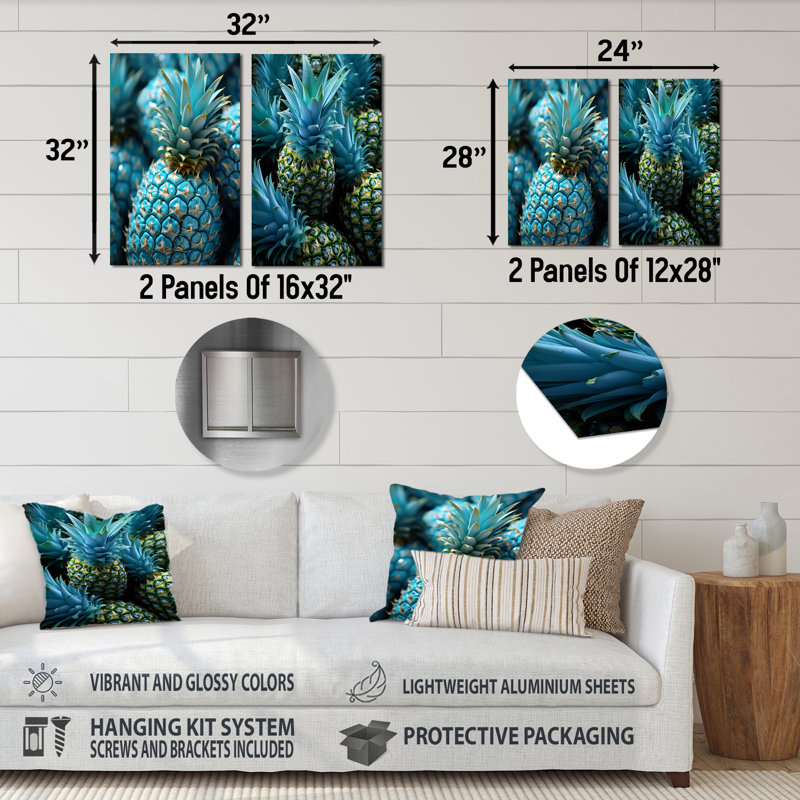 «Blue Pineapples Photo I», ensemble de 2 reproductions d'art en métal, H 28 po x l 24 po