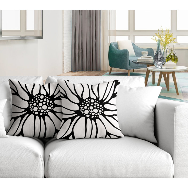 Floral Outdoor Reversible Throw Pillow, 15W" x 15H", Black