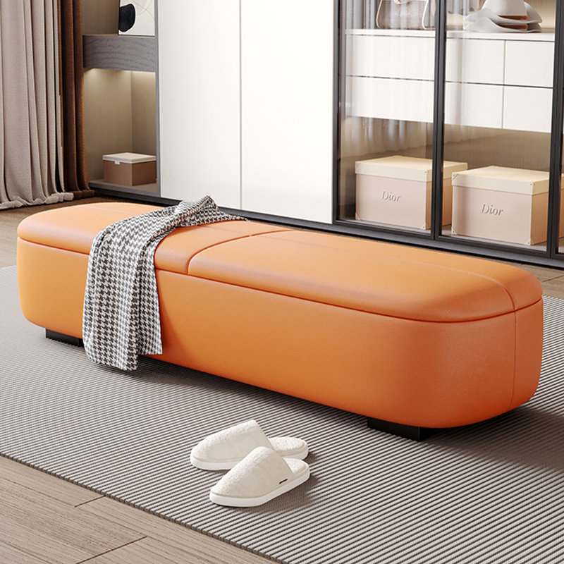 Banc de rangement long en cuir orange avec revêtement en bois orange, Orange, 15.75"H x 62.99"L x 17.72"D
