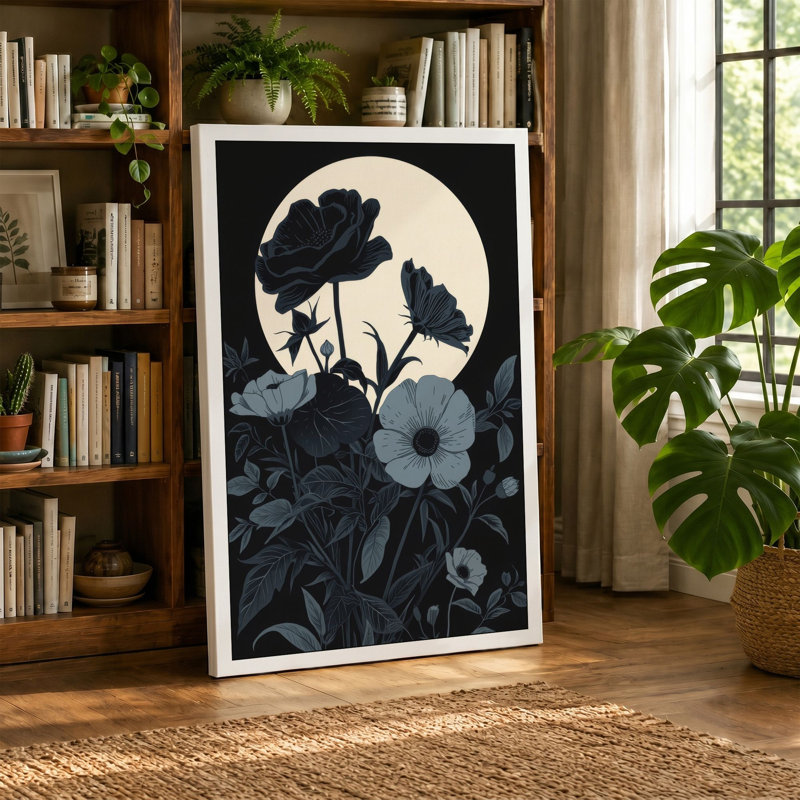 Moonlit Garden Silhouette Botanical - Wrapped Canvas, 24x16 - 61.0 x 40.6 cm, Black Border