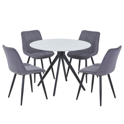 Aspen Sintered Stone Round Table with 4 Diamond Stitch Upholstered Fabric Chairs - Modern Dining Set