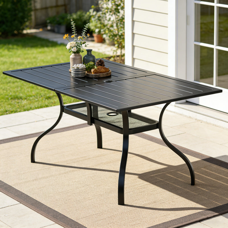 60" x 37" Patio Rectangle Metal Dining Table With 1.57" Umbrella Hole and Lower Storage Shelf, 28.5" H x 60" W x 37" D