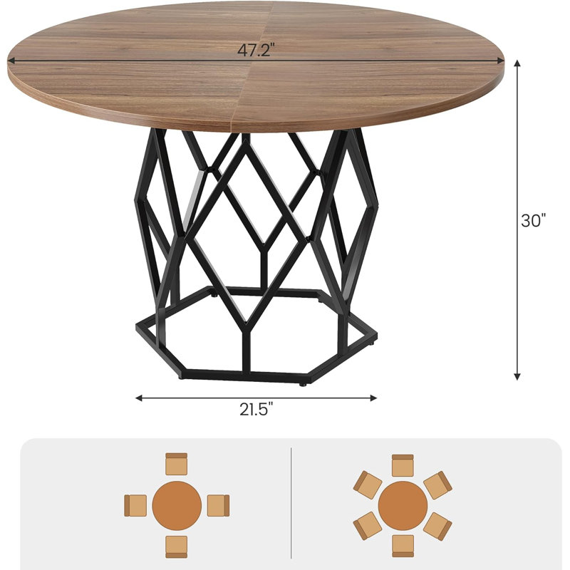 Round Dining Table for 4-6 People, 47 Inch Farmhouse Kitchen Table, Sturdy Metal Base, Industrial Wood Dinning Room Table for Kitchen, Brown