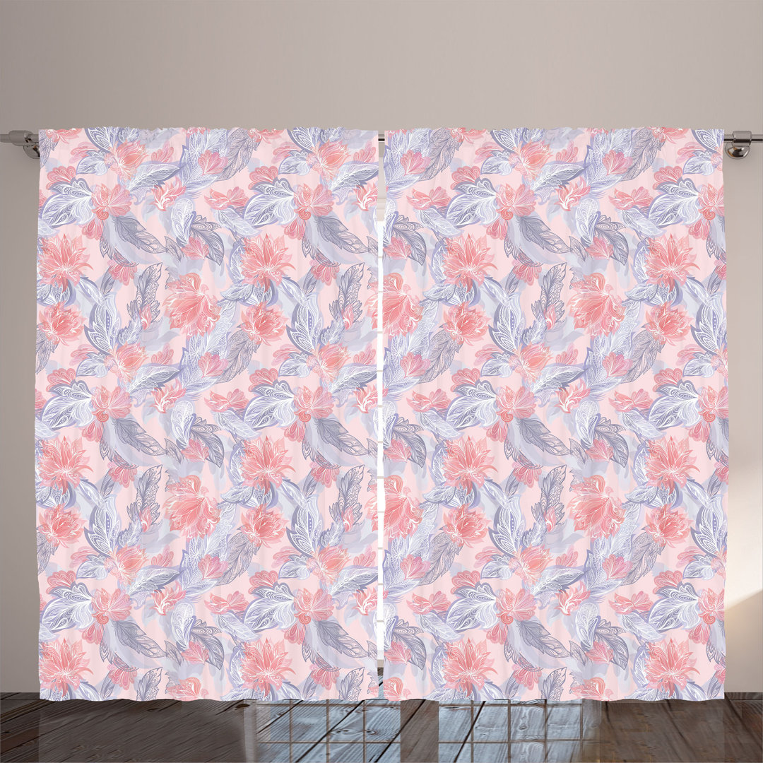 Rustic curtain, feathers, floral act, boho, pastel pink ceil blue