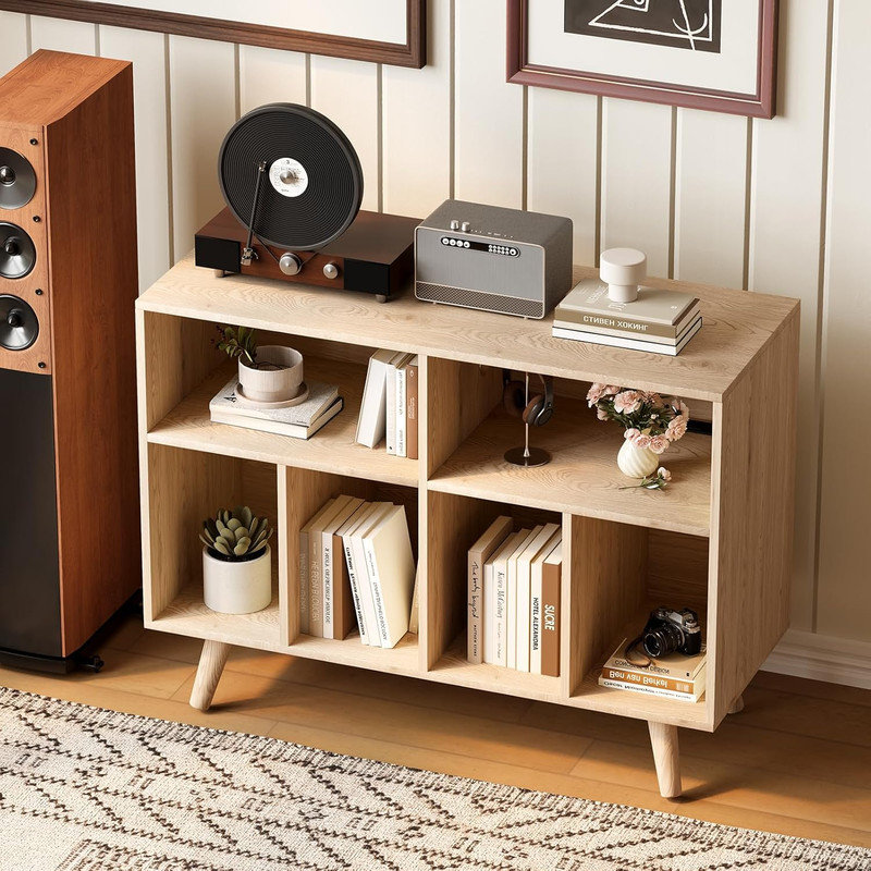 Large Record Player Stand, Wood Vinyl Record Storage Compact Record Player Cabinet Cube Storage Organizer Up to 350 Albums with Charging Station