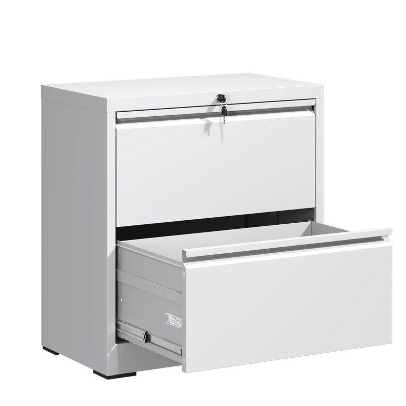 2 Drawer White Steel Horizontal Filing Cabinet, Build, Adjustable Hanging Bar, - Tip Design Metal Lateral Cabinet For Office, Cold Rolled Steel, Smooth Movement, Bearing Rails
