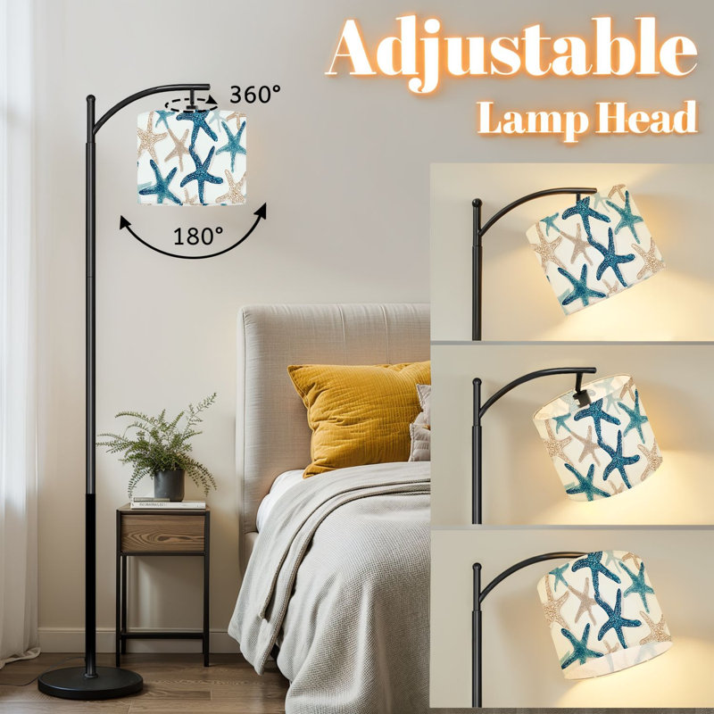 Lampe sur pied à arc avec abat-jour réglable Répétition d'étoile de mer nautique répétée Bleu marine turquoise blanc Lampe sur pied 3 températures de couleur à intensité variable avec poteau pour l'interrupteur de la chambre à coucher
