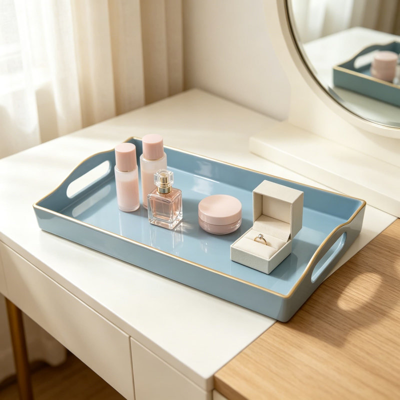 Plateau décoratif de salle de bain pour comptoir, plateau de rangement pour meuble-lavabo avec poignées, plateau de rangement pour parfum, bijoux, maquillage, clés, plateau rectangulaire en plastique bleu clair