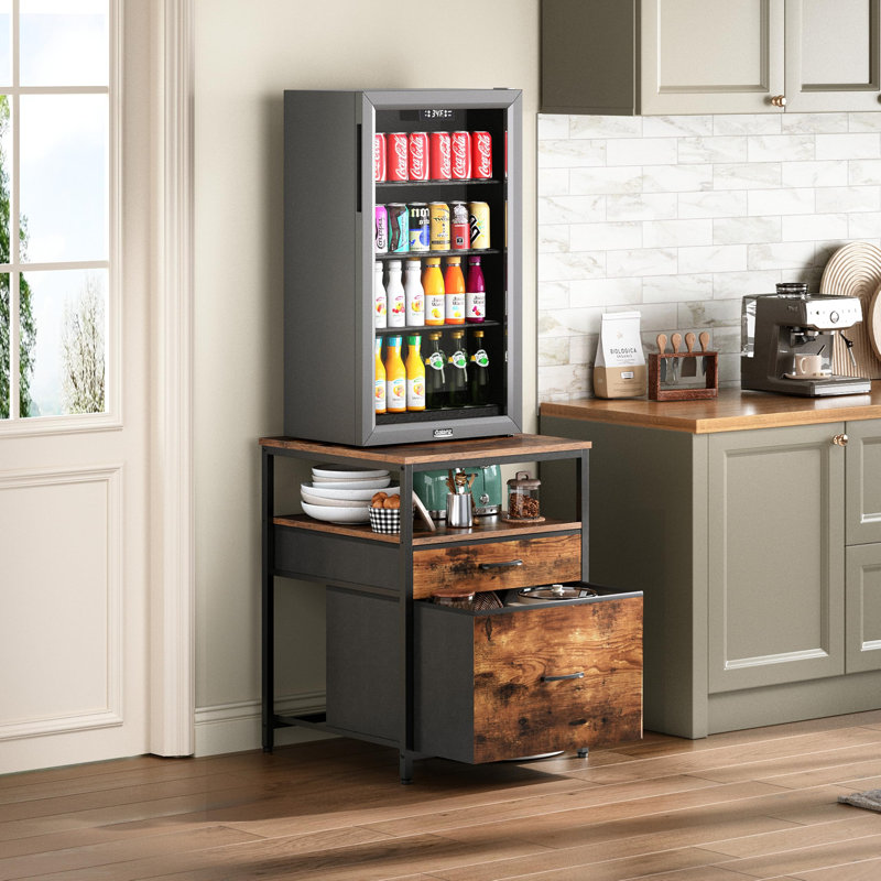 Mini Fridge Stand With 3 Storage, Mini Fridge Cabinet, Beverage Fridge Table, Rustic Brown
