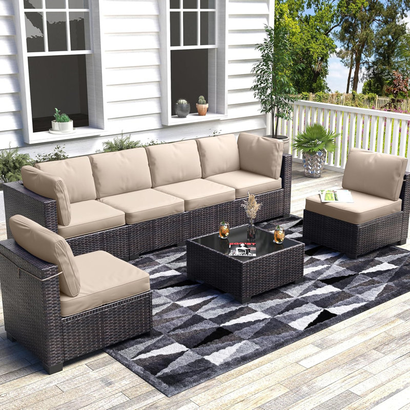 Patio7 Pieces Outdoor Patio Set With Detachable Soft Cushions Patio Conversation Sets Waterproof Patio Sectional Sofa With Glass Top Table