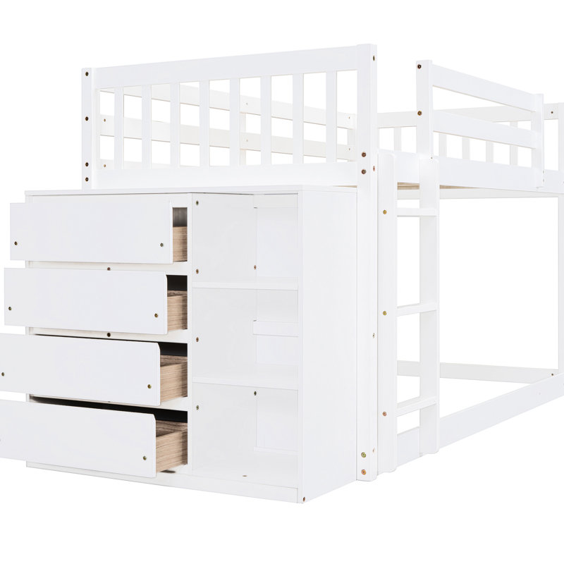 Lit superposé simple en bois massif blanc avec rangement pratique, 4 tiroirs et 3 tablettes - blanc, espace généreux, Blanc