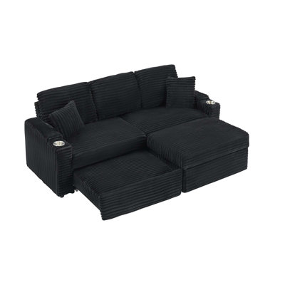 Canapé 80 po en velours côtelé multifonctionnel inclinable, conception peu encombrante, accoudoirs, porte-gobelets et repose-pieds amovible