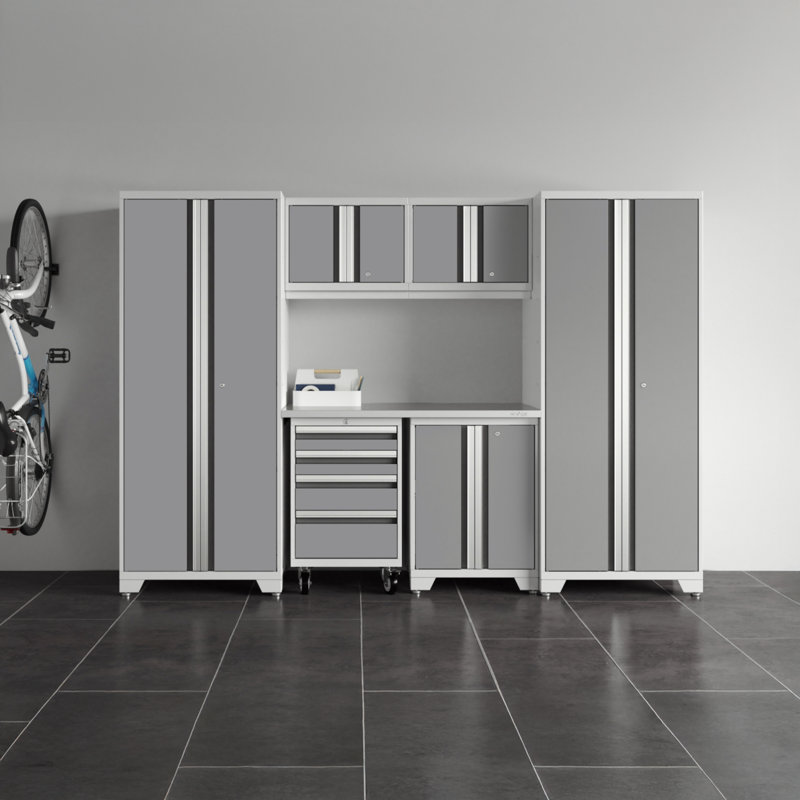 Bold XL Series Platinum 7 Piece Garage Cabinets Set With Tool, Base, Wall Cabinets, Stainless Steel Worktop And 30 In. Lockers