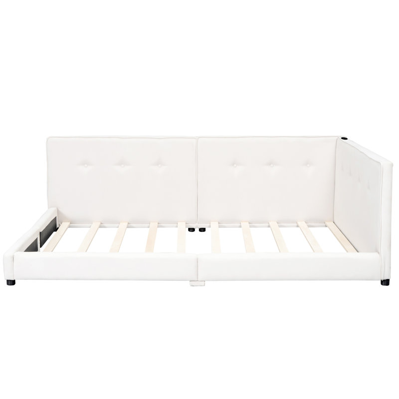 Grand lit tapissier beige avec apparence élégante et design de construction, Beige, Grand lit