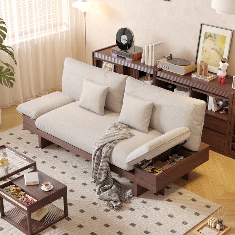 Grimpante 3-Seater Cotton Linen Upholstered Sofa with Storage Armrest Wooden Frame, Dark Brown Wood