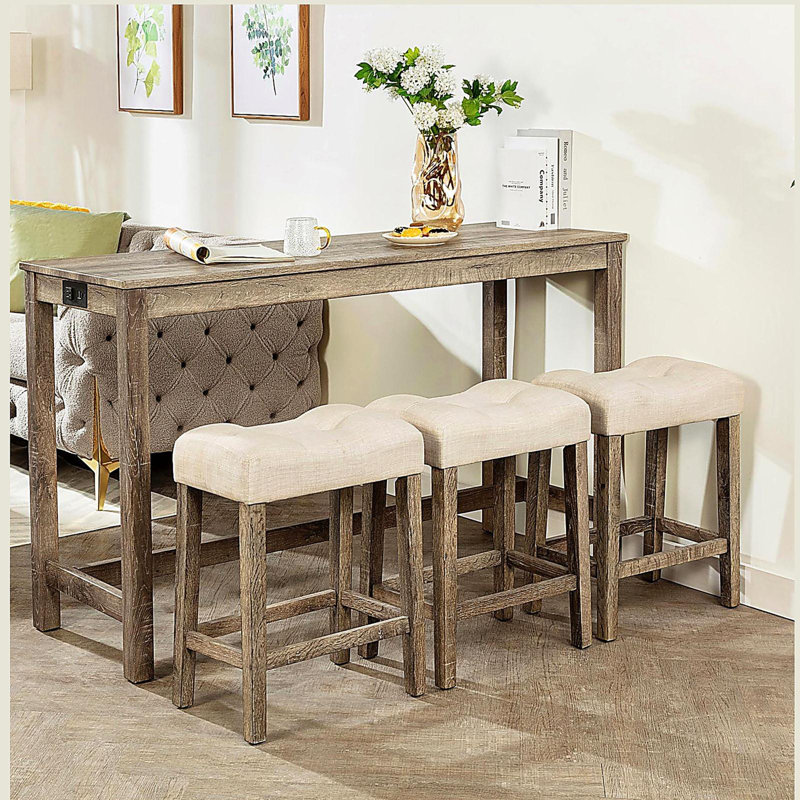 Ensemble de table de bar 4 pièces, table de bar et 3 tabourets rembourrés, Brun clair / Brun, Brun
