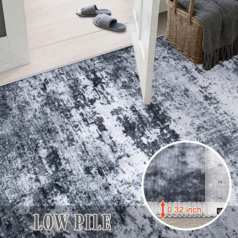 Tapis abstrait moderne noir, lavable, antidérapant et antitache, à poils courts, pour salon