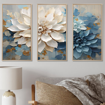 Ensemble de reproductions d'art murales blanches et bleues - Dahlia