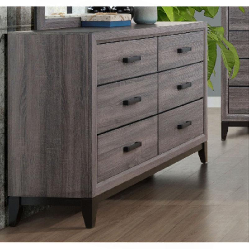 Commode 5 tiroirs avec poignées en bois patiné et mat