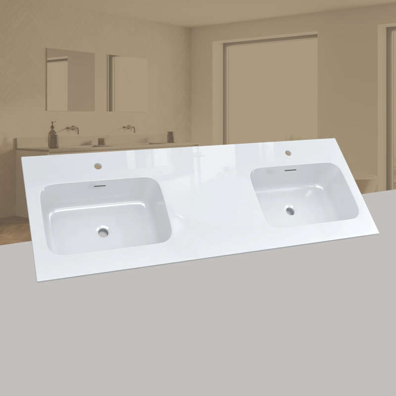 Comptoir de meuble-lavabo double 60 po à surface solide, comptoir mince de 0,56 po d'épaisseur, blanc moderne, léger et facile à installer