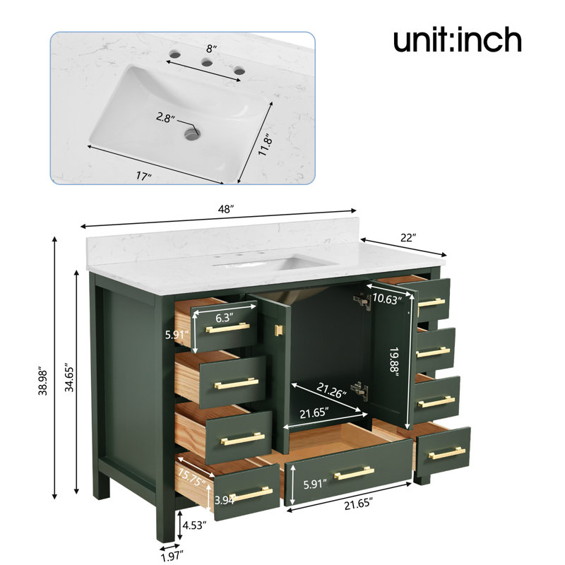 48-inch Bathroom Vanity With Engineered Stone Top, Green, Gold