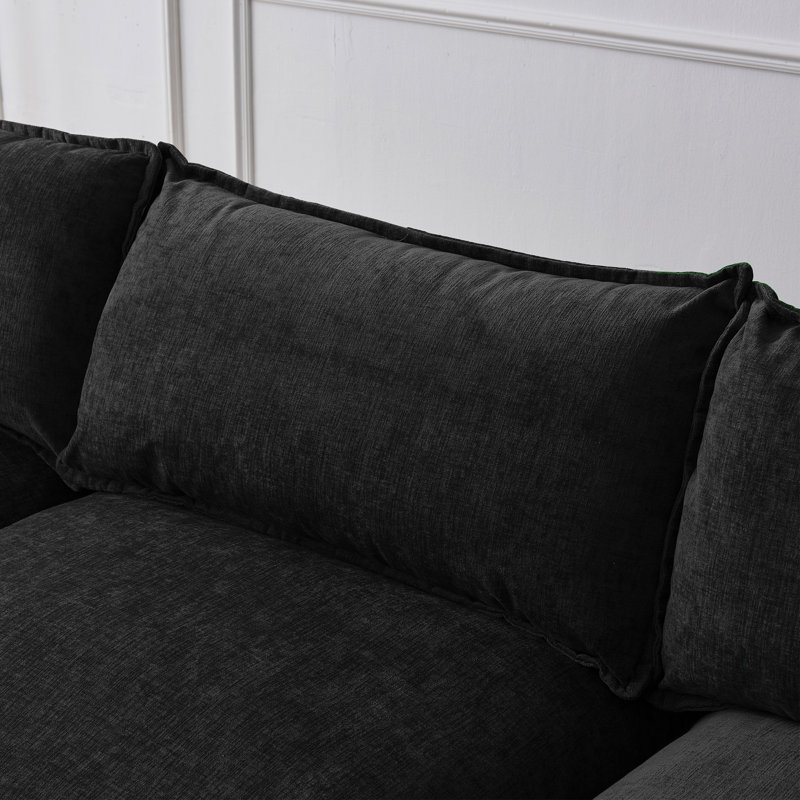 105" 3-seater Sofa L Shaped Sectional Couch Chenille Upholstery Sofa With Ottoman For Living Room And Office, Black Chenille