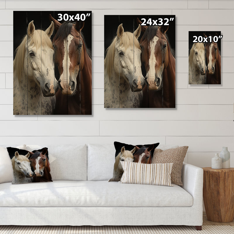Cheval blanc et brun, duo dynamique IV sur bois, H 32 po x l 24 po x P 0,78 po