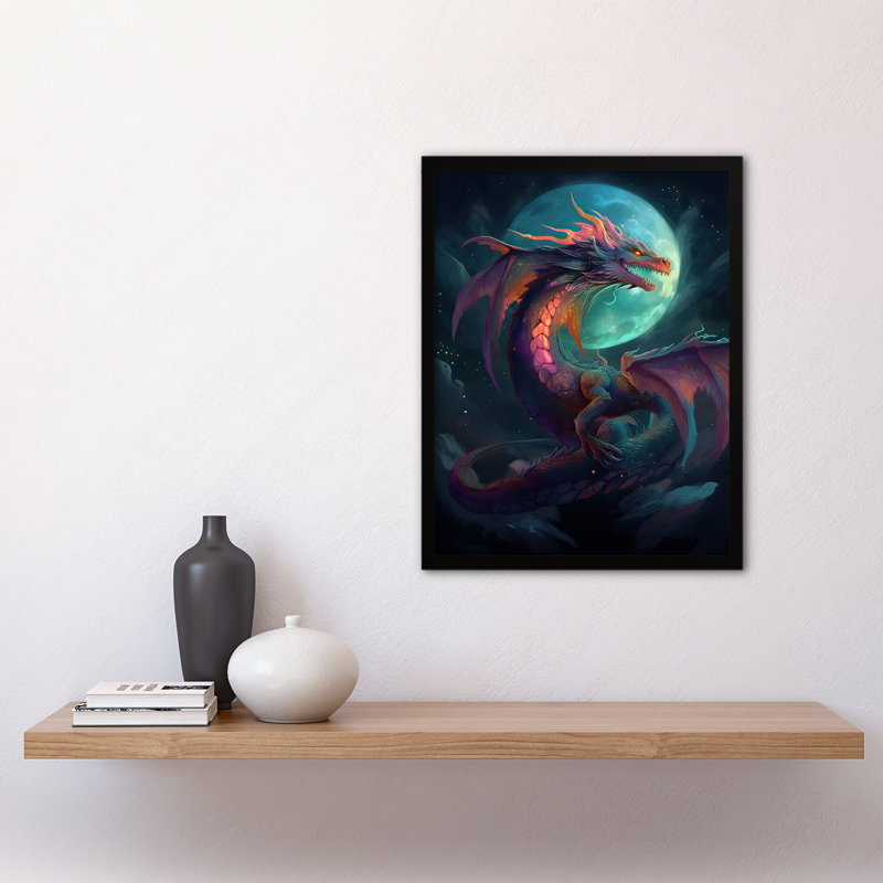 Alcinio Full Moon Dragon Blue Purple Fantasy Creature 1 Piece Single Picture Frame Wall Art
