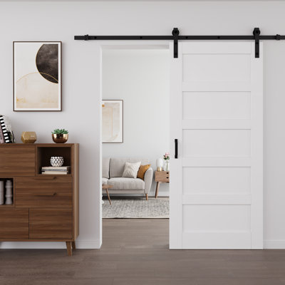 80"H × 32"W 5-Paneled White Solid Manufactured Wood Barn Door with Installation Hardware Kit (No Assembly Required & Can be Painted)