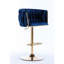 2 tabourets de bar, hauteur réglable par des moyens mécaniques, velours bleu marine, pieds dorés, repose-pieds et base en velours, mécaniquement