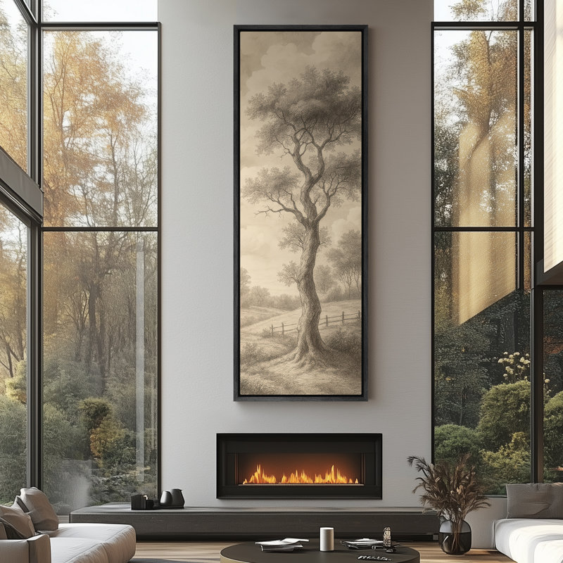 «Brown Tone Tree Landscape Art Extra Large», reproduction d'art sur toile encadrée, Noir, H 60 po x l 20 po